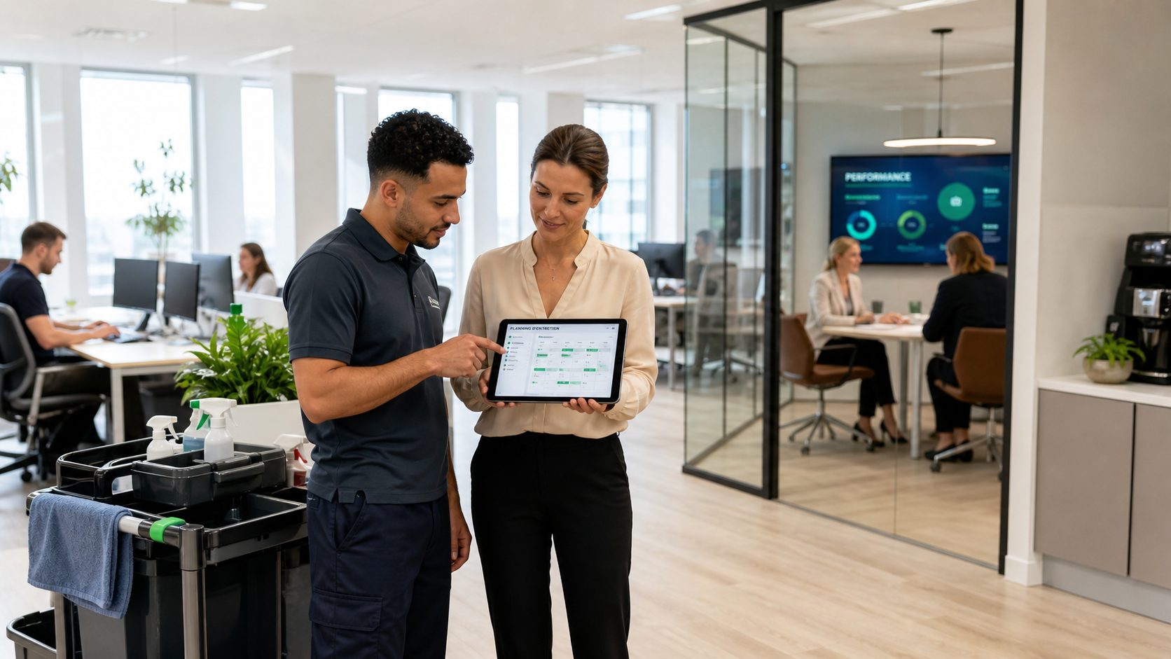 Agent d’entretien et responsable de site consultant un planning de nettoyage sur tablette dans un bureau moderne