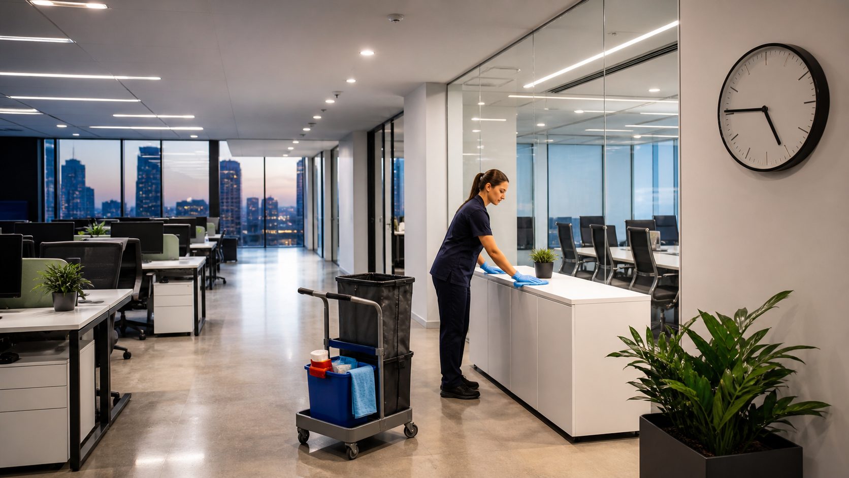 Agent d’entretien nettoyant des bureaux modernes en dehors des horaires de travail pour garantir des espaces propres et bien organisés