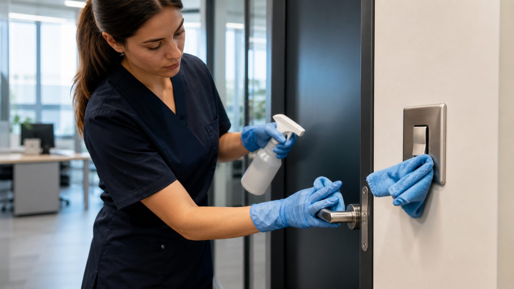 Agent de nettoyage désinfectant une poignée de porte et un interrupteur dans un bureau moderne