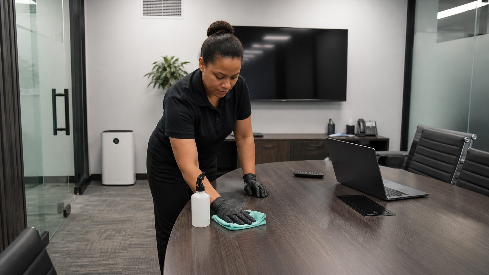Agent d’entretien nettoyant une table de réunion dans un bureau moderne peu ventilé avec une microfibre et un produit adapté