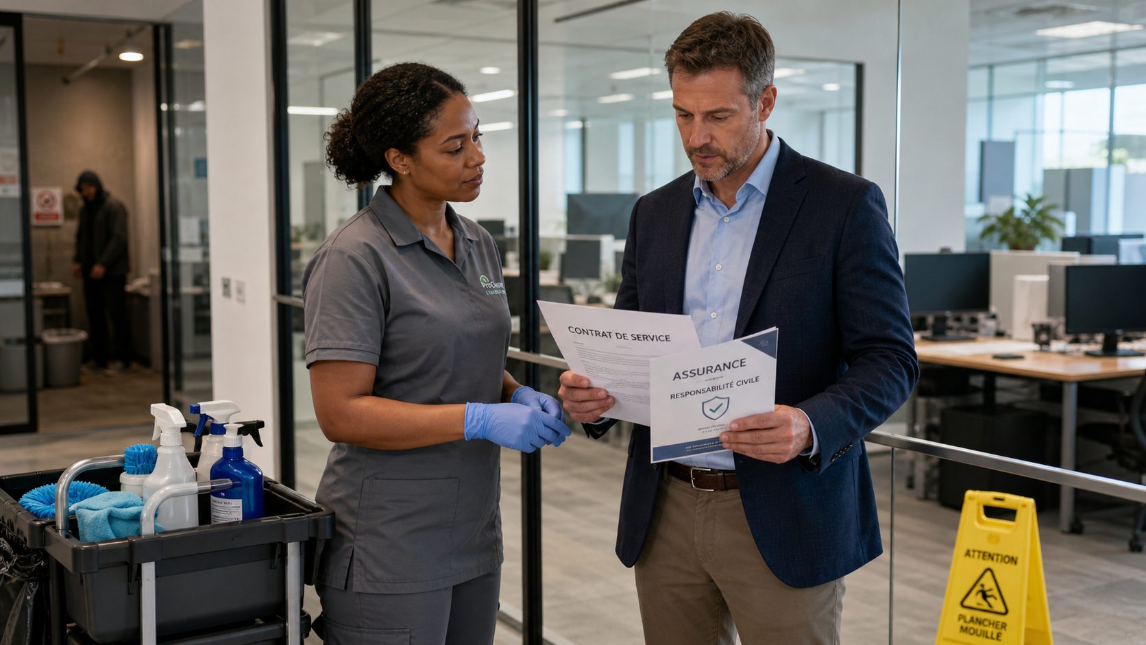 Agent de nettoyage professionnel et responsable d’entreprise vérifiant un contrat d’assurance pour l’entretien sécurisé des bureaux