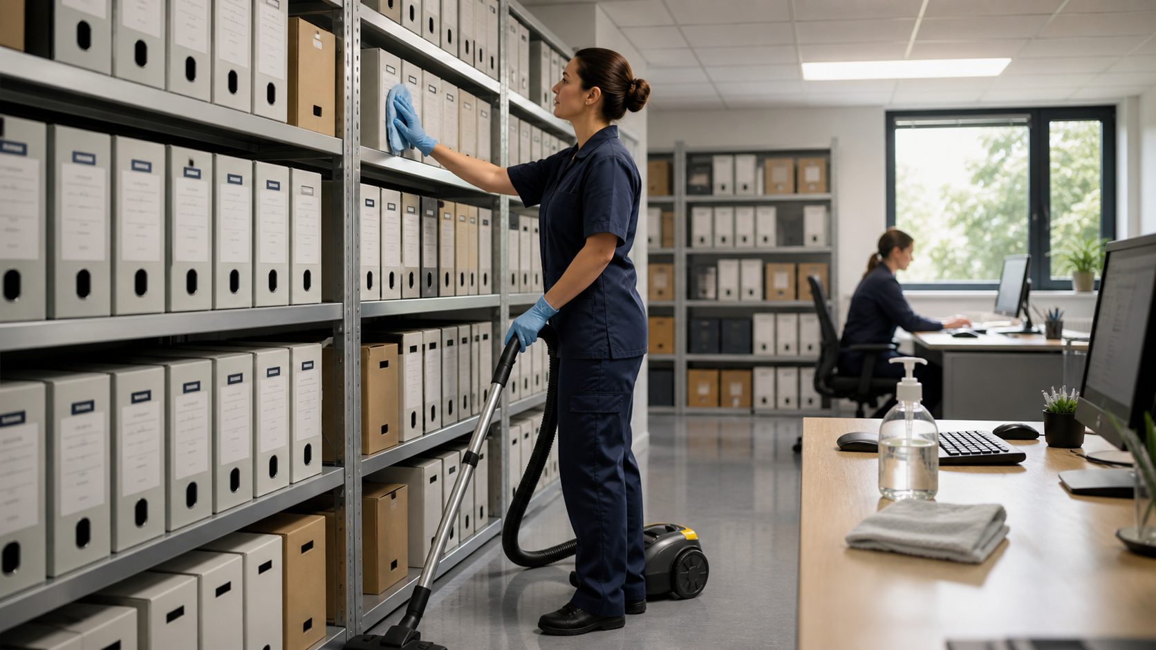 Agent de propreté nettoyant soigneusement une zone d’archives avec des boîtes de classement et un bureau organisé