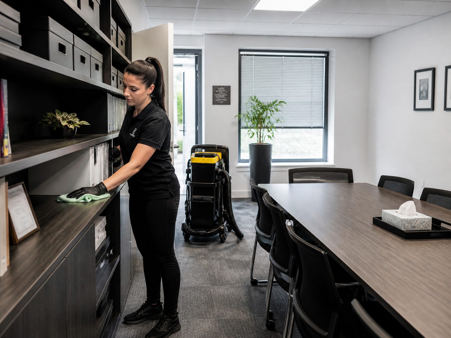 Agent d’entretien nettoyant une salle de réunion peu fréquentée dans des bureaux modernes