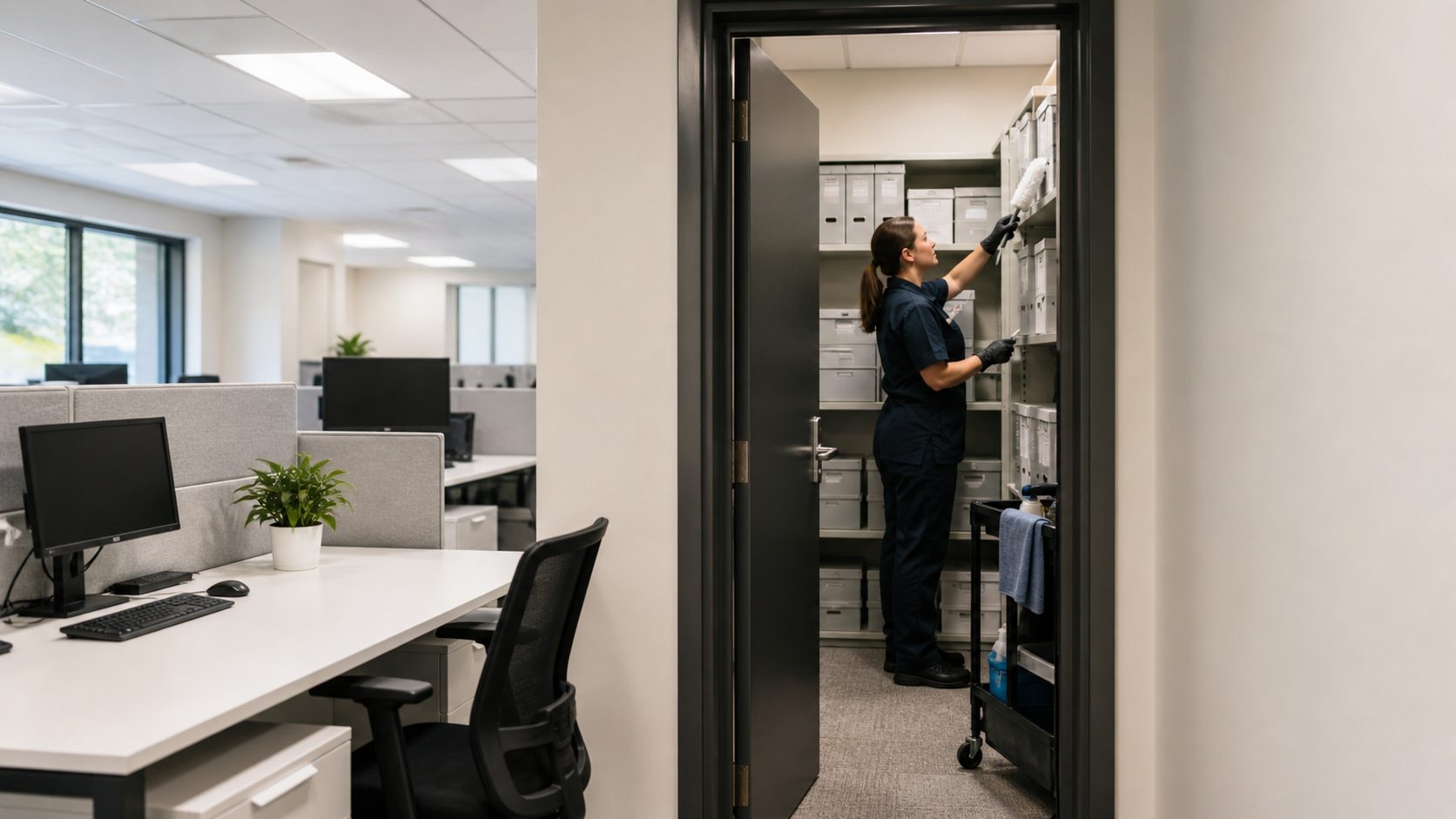 Agent d’entretien nettoyant une pièce d’archives rarement ouverte dans des bureaux modernes et propres