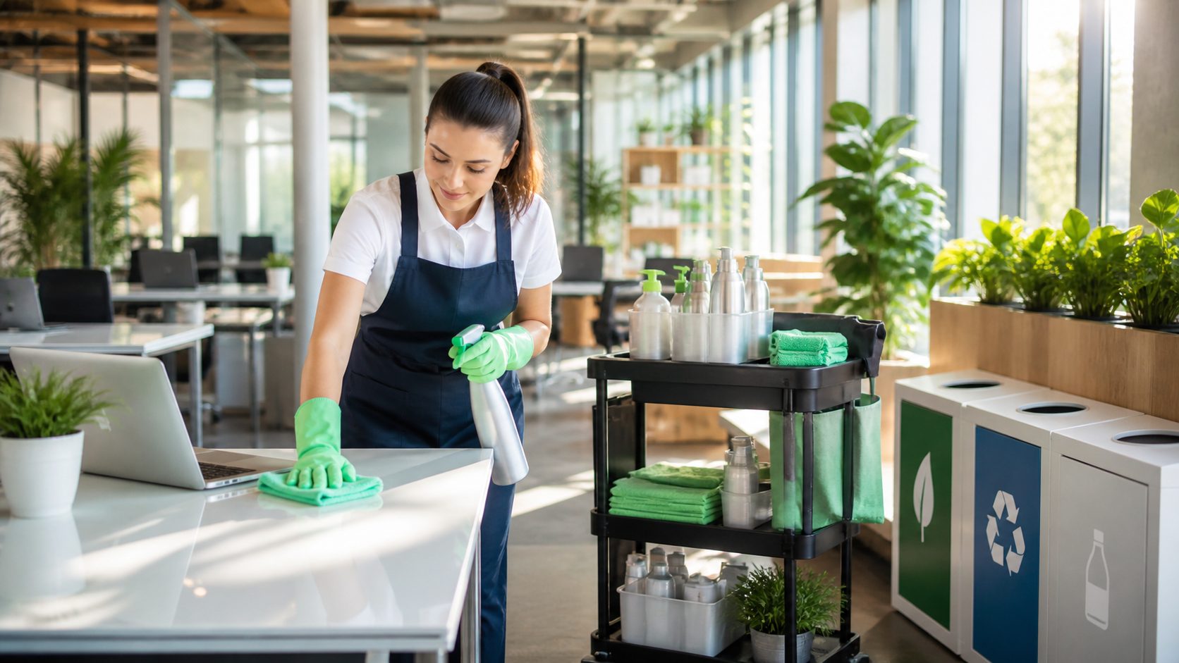 Agent de nettoyage utilisant des produits écologiques dans un bureau moderne avec tri sélectif et plantes vertes