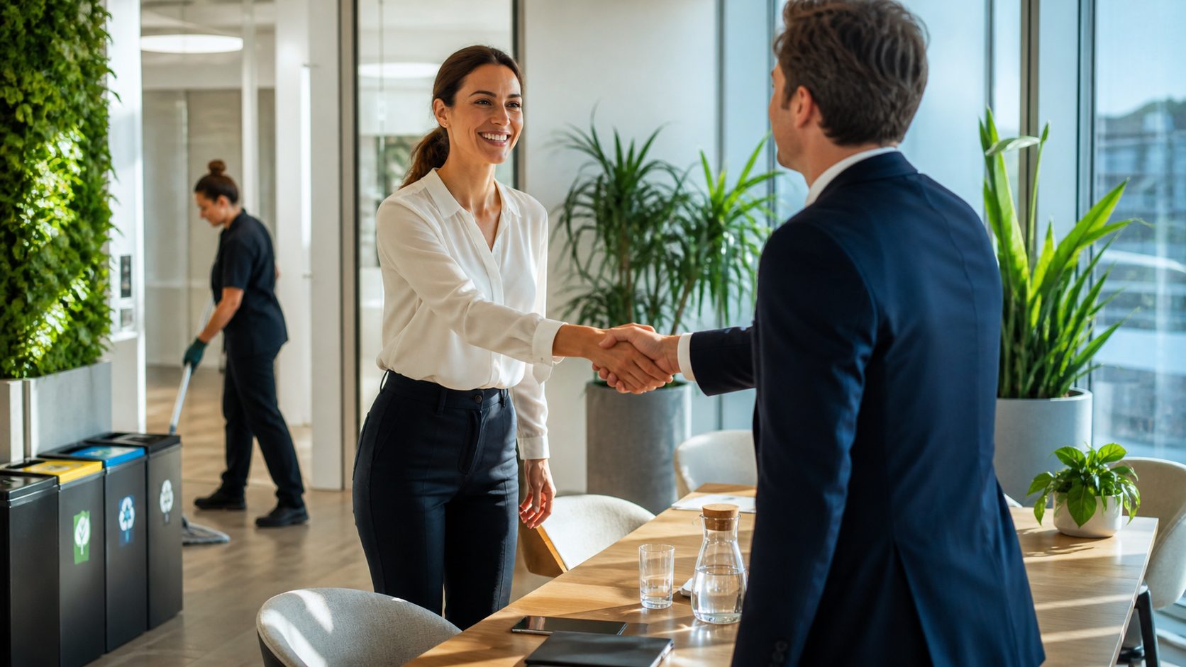 Accueil client dans un bureau propre et moderne illustrant un entretien de bureaux responsable avec tri des déchets, plantes vertes et nettoyage écologique