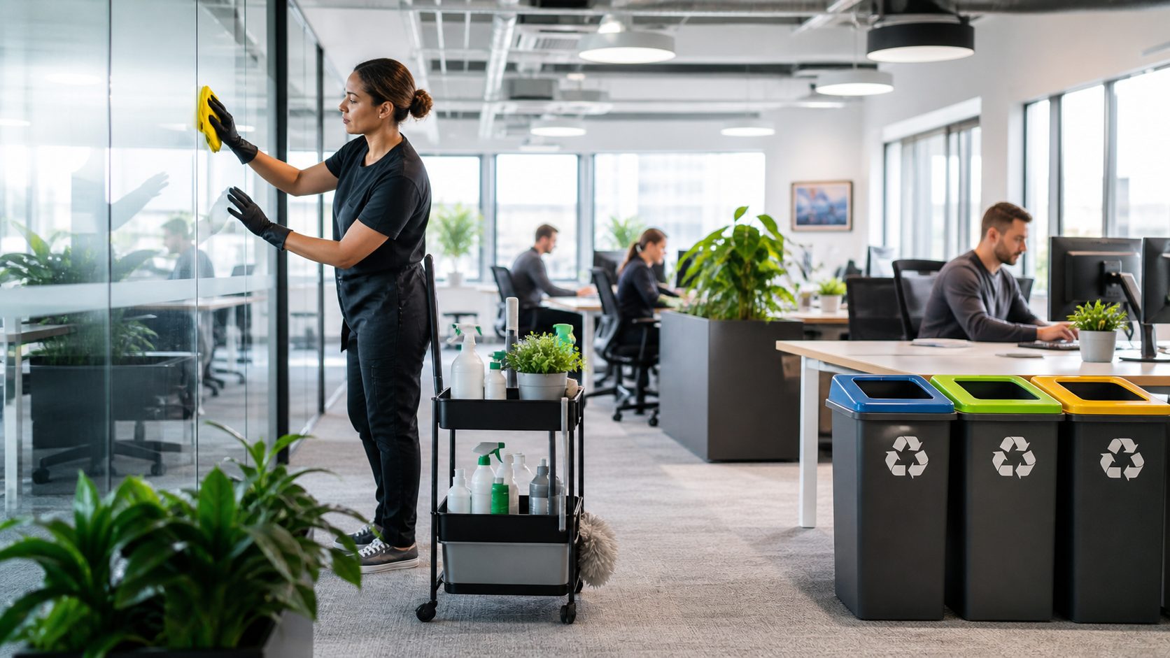 Agent de propreté nettoyant une cloison vitrée dans des bureaux modernes avec des salariés au travail, des plantes vertes et des bacs de tri sélectif illustrant une démarche RSE crédible.