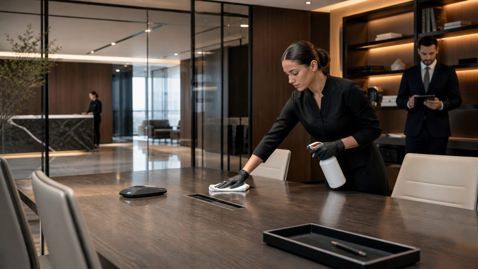 Nettoyage professionnel d’une salle de réunion dans un cabinet haut de gamme avec entretien discret et soigné des bureaux.