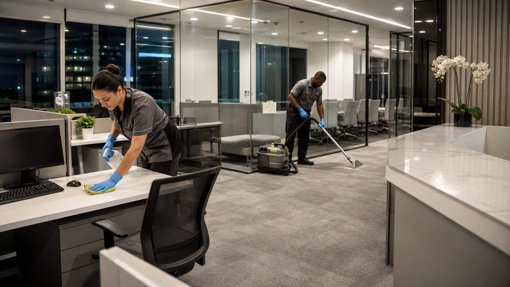 Agent de nettoyage professionnel désinfectant un poste de travail dans des bureaux modernes pendant qu’un second agent réalise un nettoyage ciblé de la moquette