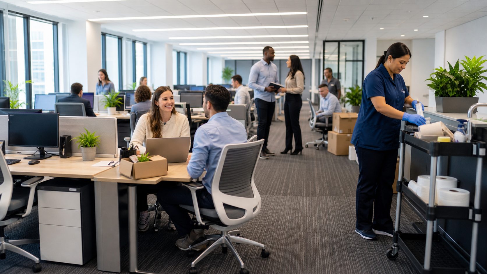 Agent d’entretien intervenant dans un open space moderne pendant l’intégration de nouveaux collaborateurs dans une entreprise qui recrute rapidement