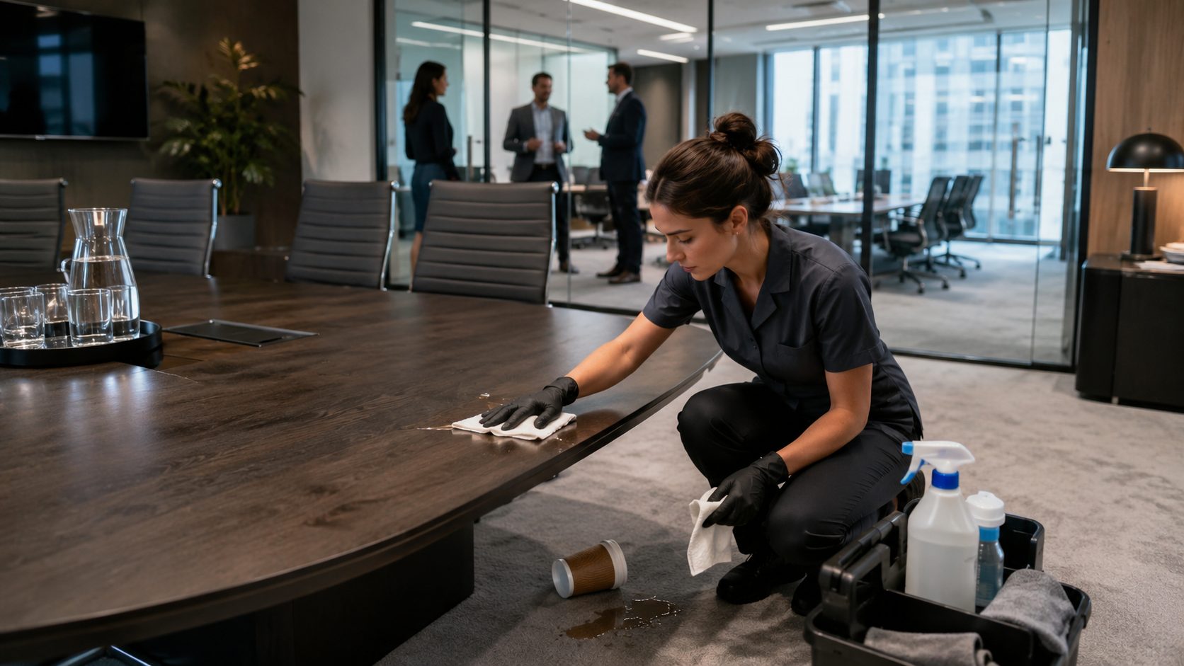 Agent de nettoyage intervenant rapidement dans une salle de réunion moderne pour maintenir la propreté des bureaux avant un rendez-vous professionnel.