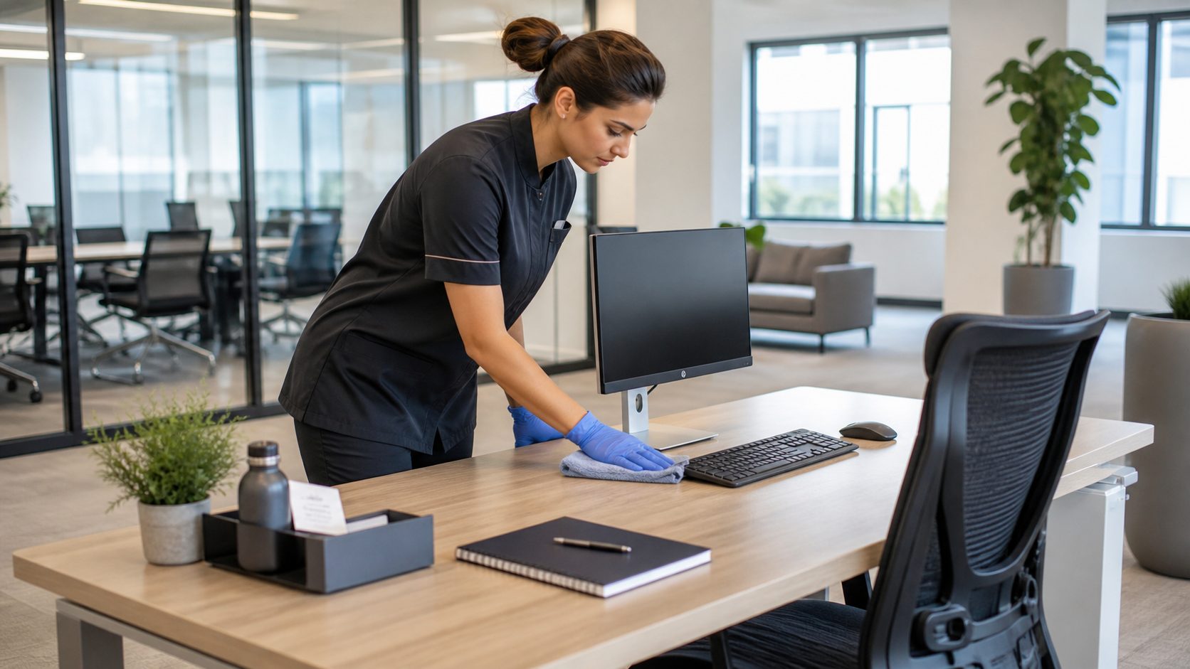 Agent d’entretien nettoyant un poste de travail dans un bureau moderne avant l’arrivée d’un nouveau collaborateur