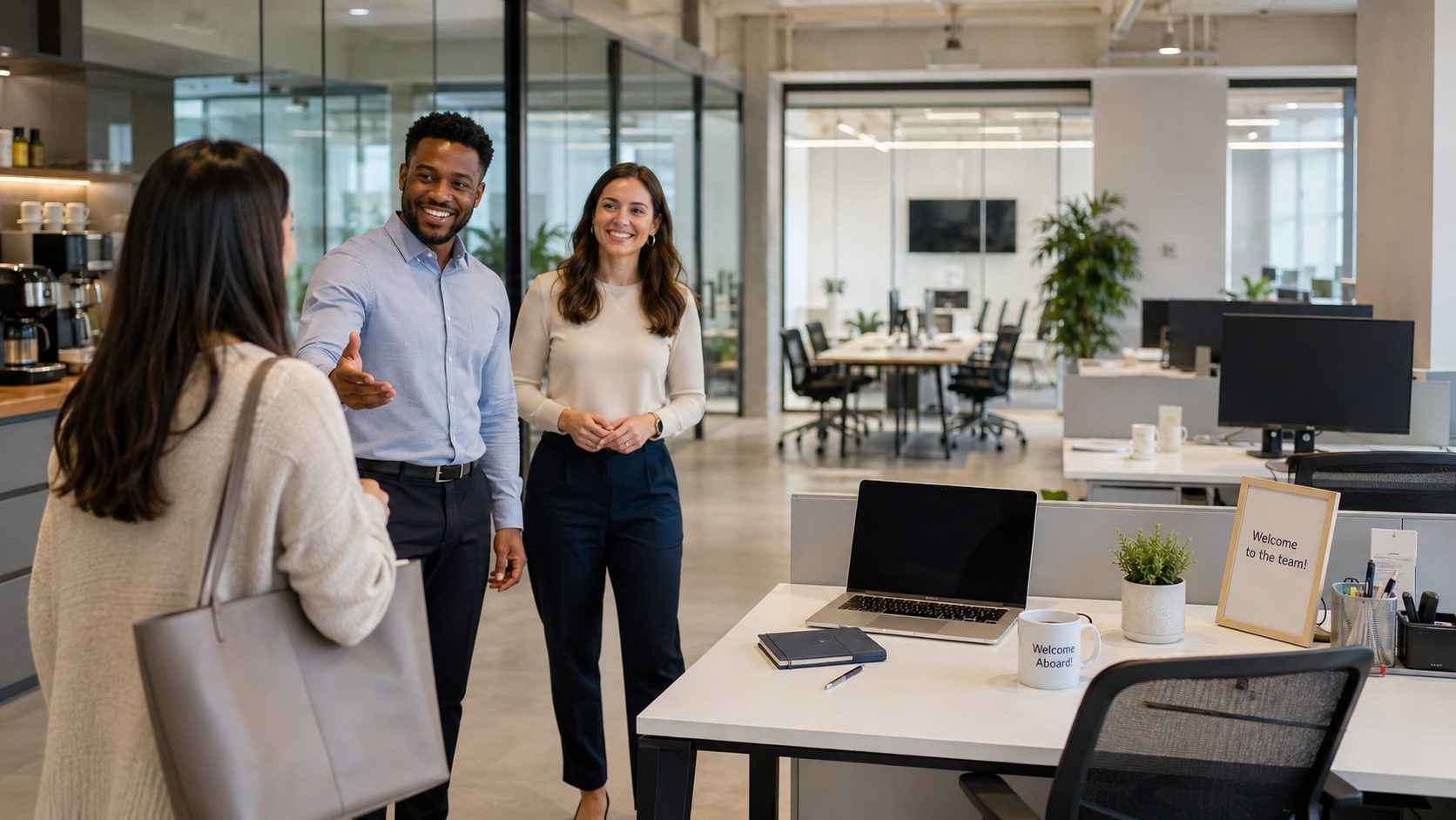 Nouveau collaborateur accueilli dans des bureaux propres, modernes et bien organisés