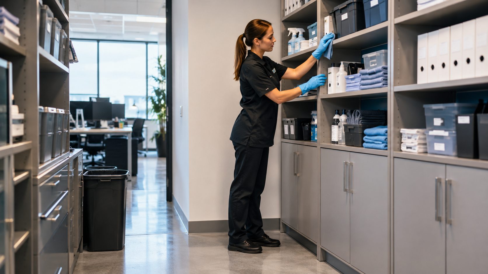 Agent d’entretien nettoyant et organisant des étagères de rangement dans des bureaux professionnels