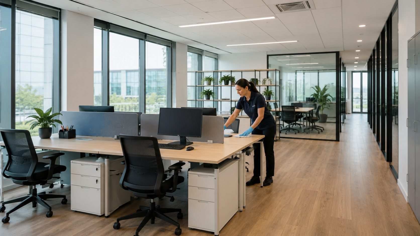Agent d’entretien nettoyant un bureau moderne et organisé pour limiter l’encombrement visuel