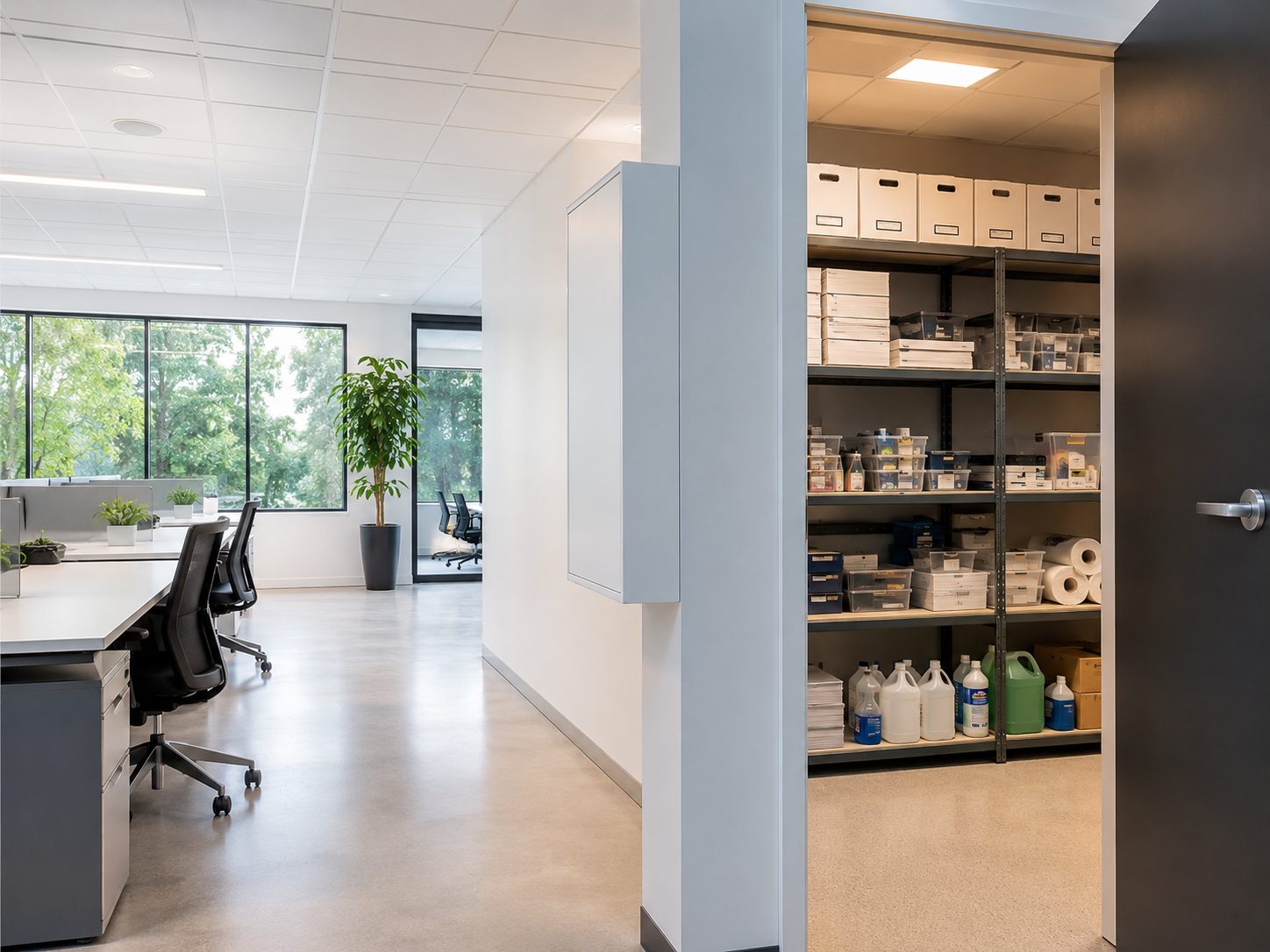 Bureaux modernes propres avec espace de stockage organisé et produits d’entretien rangés