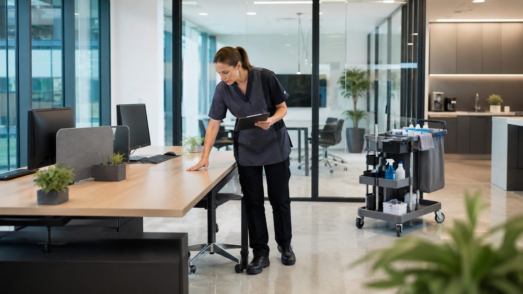 Agent d’entretien professionnel contrôlant la propreté d’un bureau moderne avec une tablette et un chariot de nettoyage