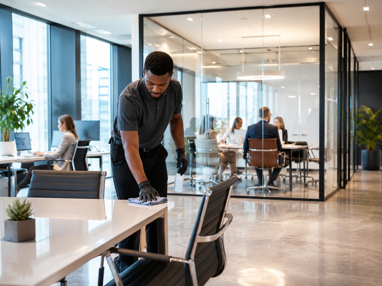 Agent d’entretien nettoyant une table dans des bureaux modernes et propres pendant que des collaborateurs travaillent en arrière-plan.