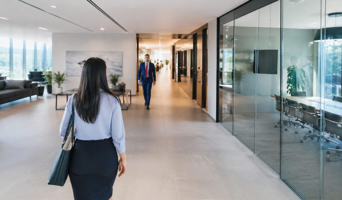 Femme entrant dans des bureaux modernes propres et lumineux, illustrant l’importance de la propreté dès les premiers mètres parcourus