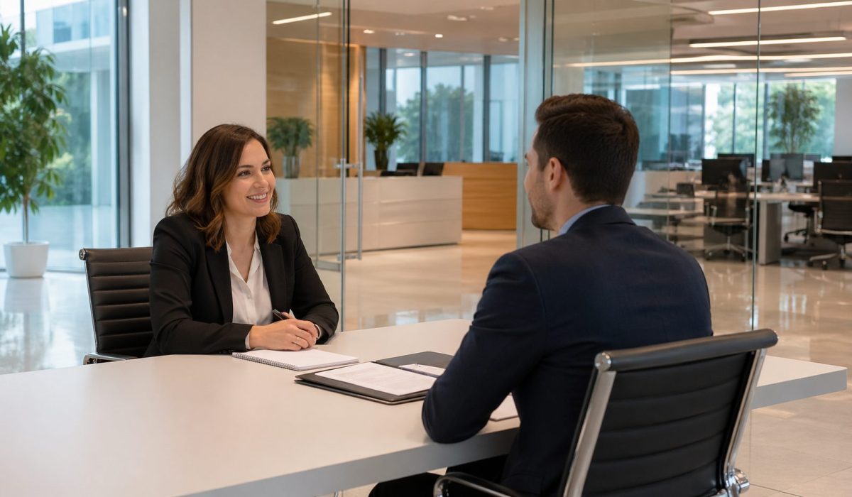Entretien d’embauche dans des bureaux propres et modernes illustrant l’impact de la propreté sur l’image de l’entreprise auprès des candidats