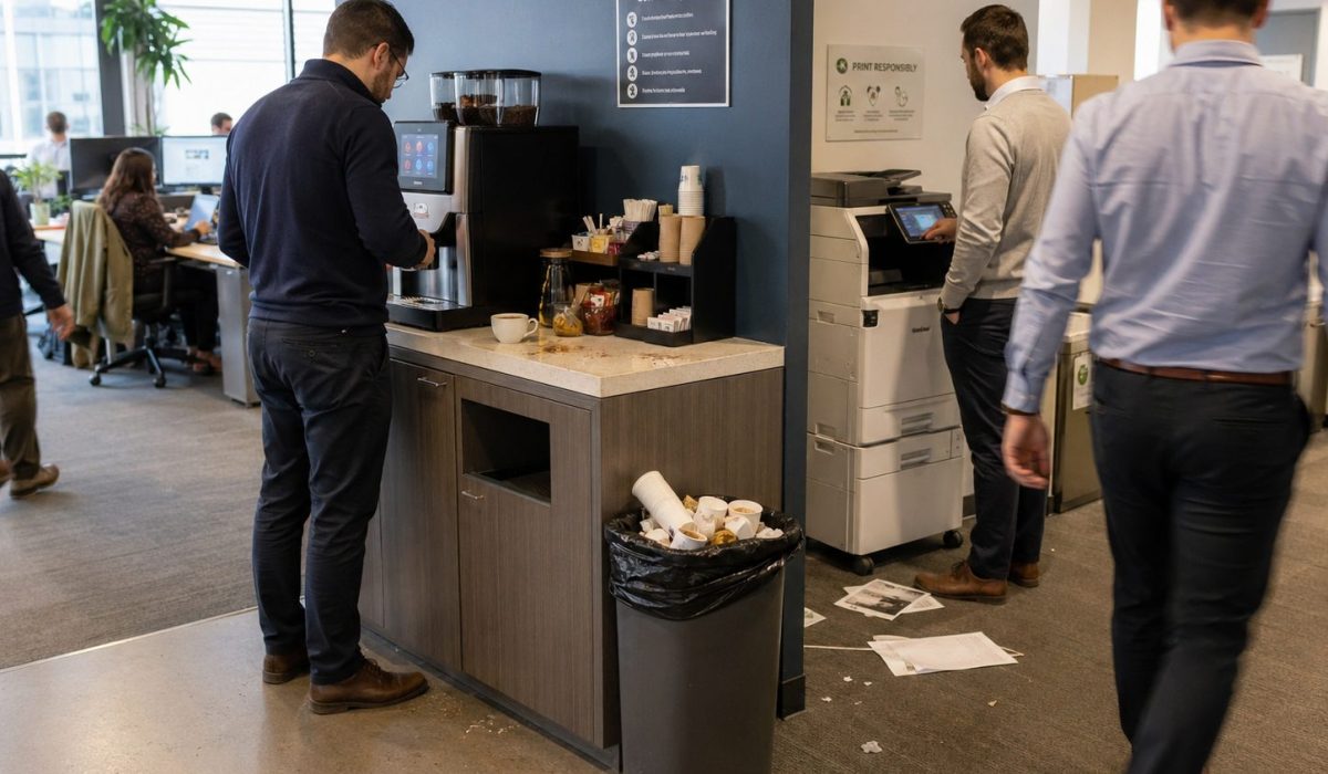 Propreté dégradée autour des équipements partagés dans un bureau moderne avec machine à café, imprimante, déchets et documents au sol