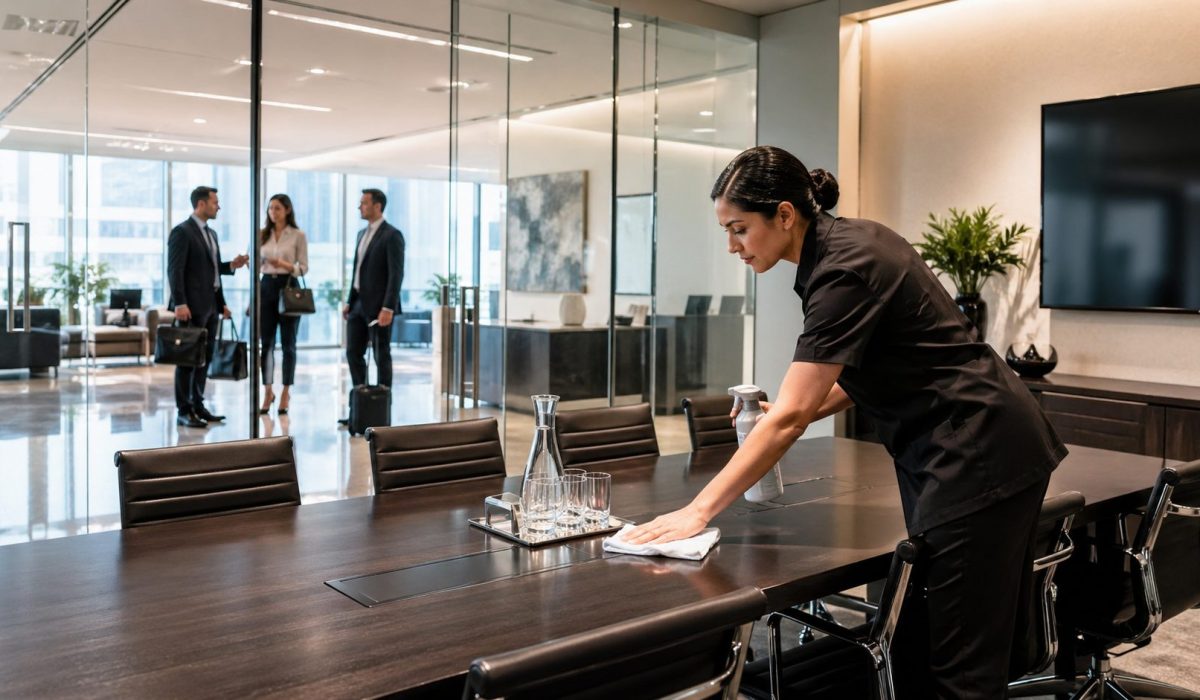 Agent de nettoyage préparant une salle de réunion moderne et impeccable avant l’arrivée de partenaires professionnels