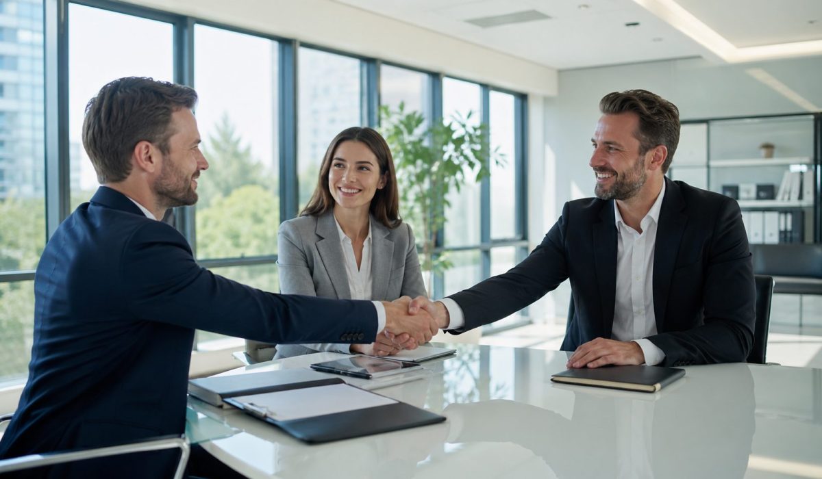 Réunion professionnelle dans des bureaux propres et modernes renforçant la confiance entre une entreprise, un fournisseur et un investisseur