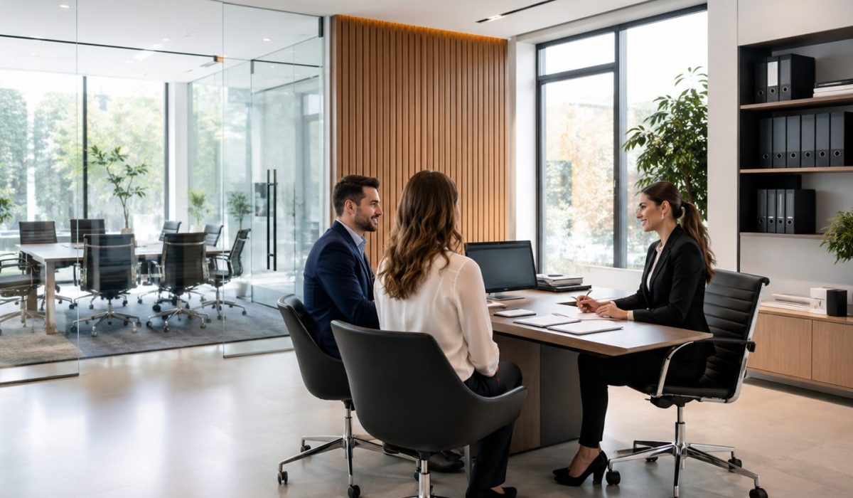 Bureaux modernes et impeccablement propres accueillant des clients en réunion professionnelle