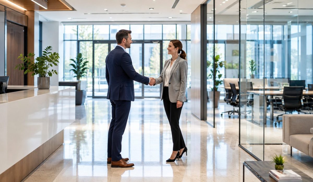 Deux professionnels se serrent la main dans des bureaux modernes, propres et lumineux, illustrant l’impact d’un entretien irréprochable sur l’image de marque et la confiance client.