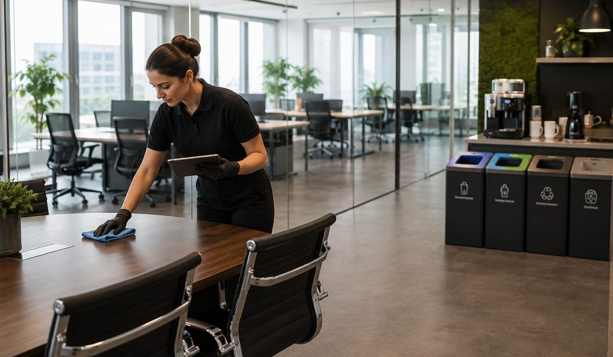 Agent d’entretien nettoyant une table de réunion dans des bureaux modernes et bien organisés