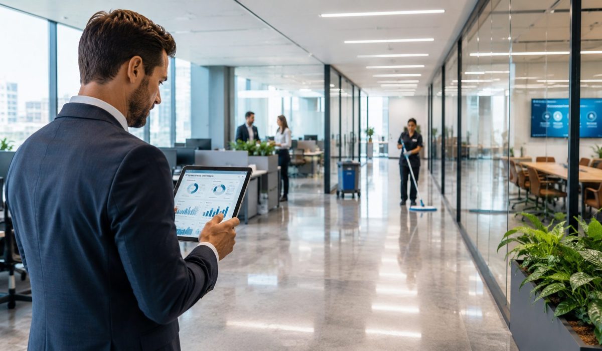 Responsable pilotant la propreté des bureaux avec un tableau de bord dans un espace de travail moderne et propre