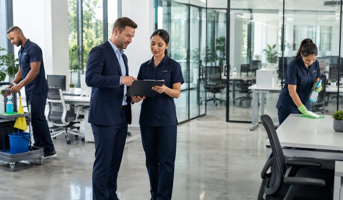Responsable d’entreprise échangeant avec une superviseure de nettoyage dans des bureaux modernes pendant qu’une équipe entretient les espaces de travail