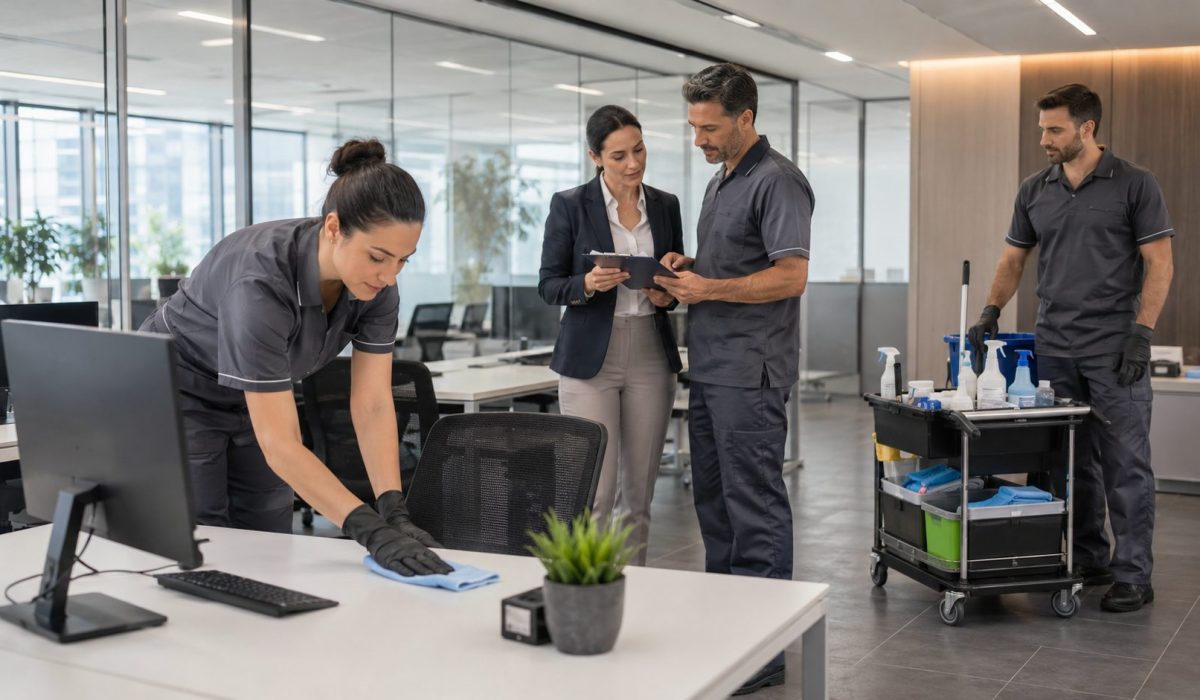 Équipe professionnelle d’entretien de bureaux nettoyant un espace de travail moderne avec contrôle qualité et matériel organisé