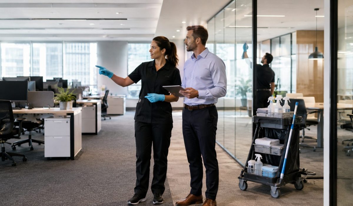 Responsable de nettoyage professionnel et gestionnaire d’entreprise contrôlant la propreté de bureaux modernes