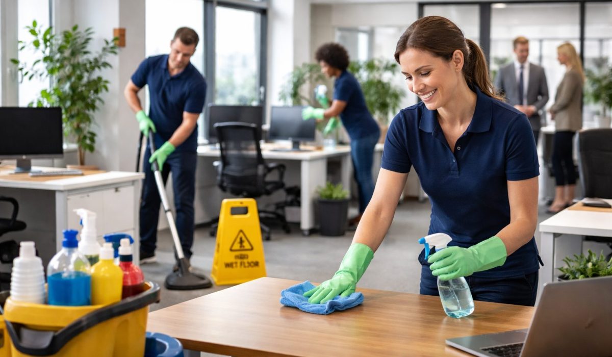 Agent d’entretien nettoyant un bureau professionnel avant une visite client dans des locaux modernes et impeccables