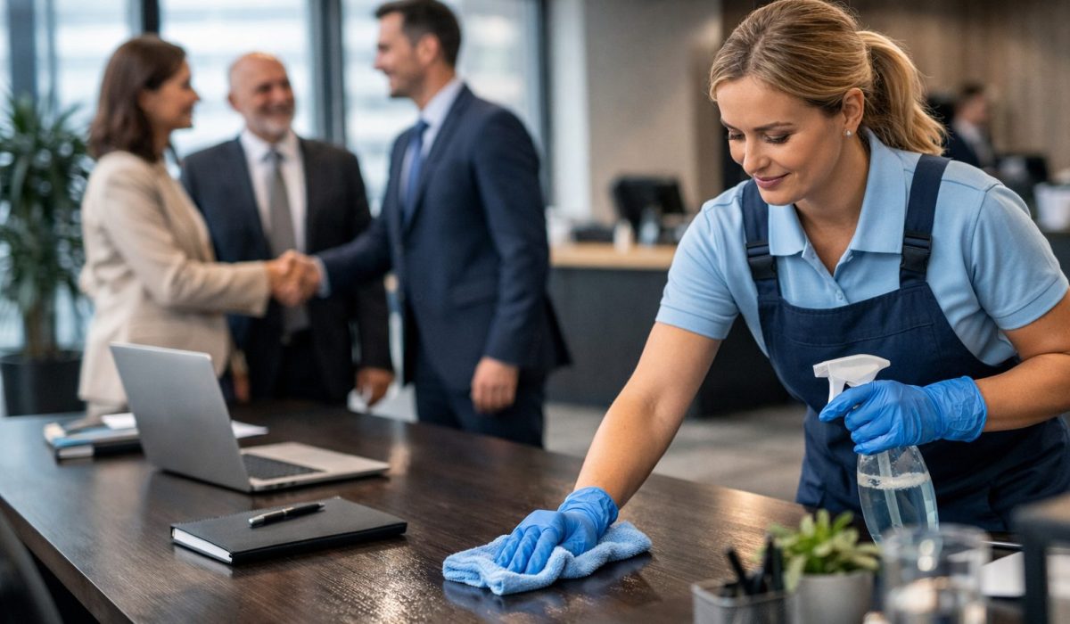 Agent d’entretien nettoyant une table de bureau dans un espace professionnel moderne pendant l’accueil de visiteurs