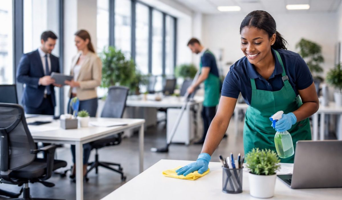Agent d’entretien nettoyant un bureau moderne dans une entreprise pour valoriser l’image de marque et la propreté des locaux professionnels