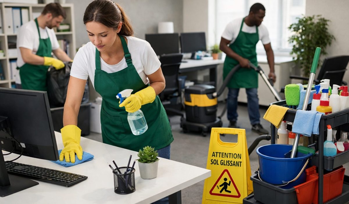 Agent d’entretien nettoyant un bureau dans un open space avec chariot de ménage, aspirateur et matériel professionnel