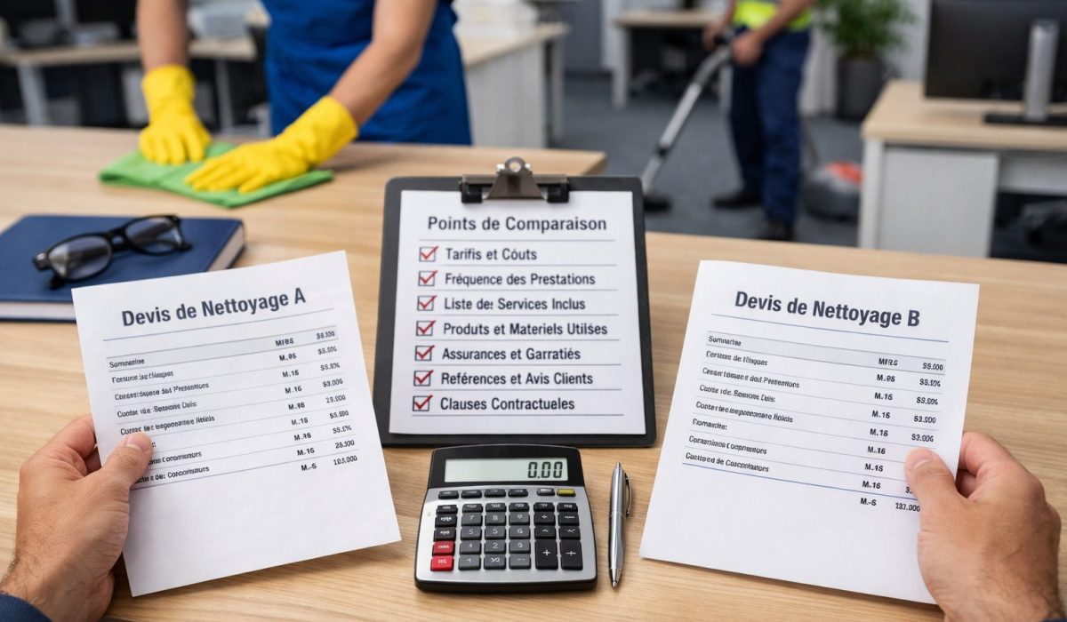 Comparaison de deux devis de nettoyage de bureaux dans un open space avec checklist de critères et agents d’entretien en arrière-plan