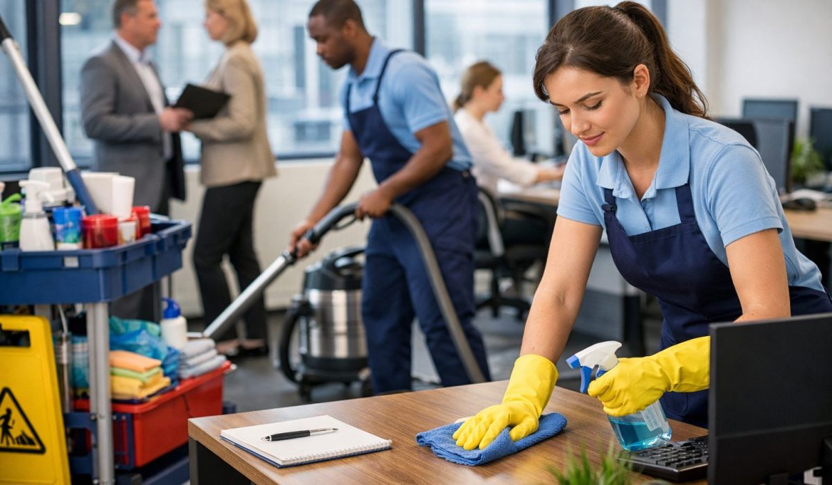 Agent d’entretien nettoyant un bureau dans une entreprise pour illustrer l’externalisation du nettoyage de bureaux
