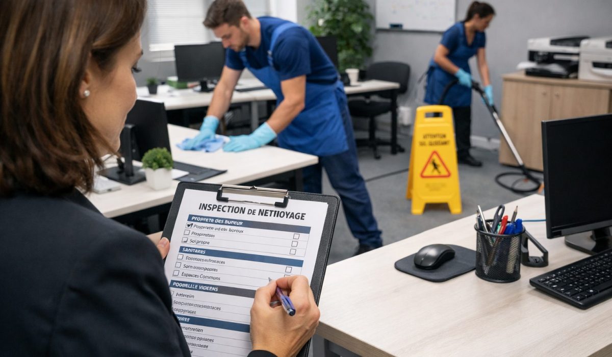 Contrôle de la qualité du nettoyage de bureaux dans un open space avec agent d’entretien et responsable inspection