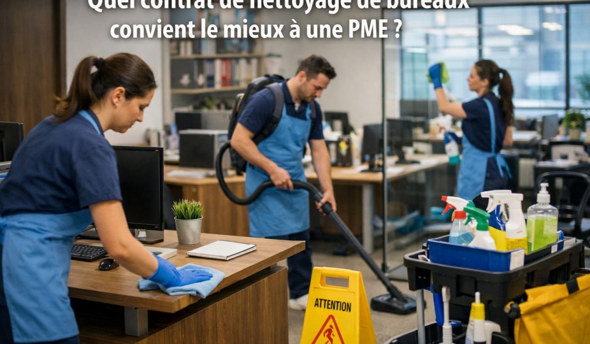 Équipe de nettoyage en train d’entretenir des bureaux professionnels dans une PME moderne