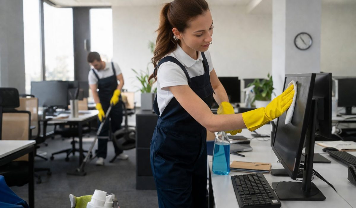 Équipe de nettoyage dans un bureau moderne en train d’entretenir les postes de travail selon un planning de nettoyage de bureaux efficace