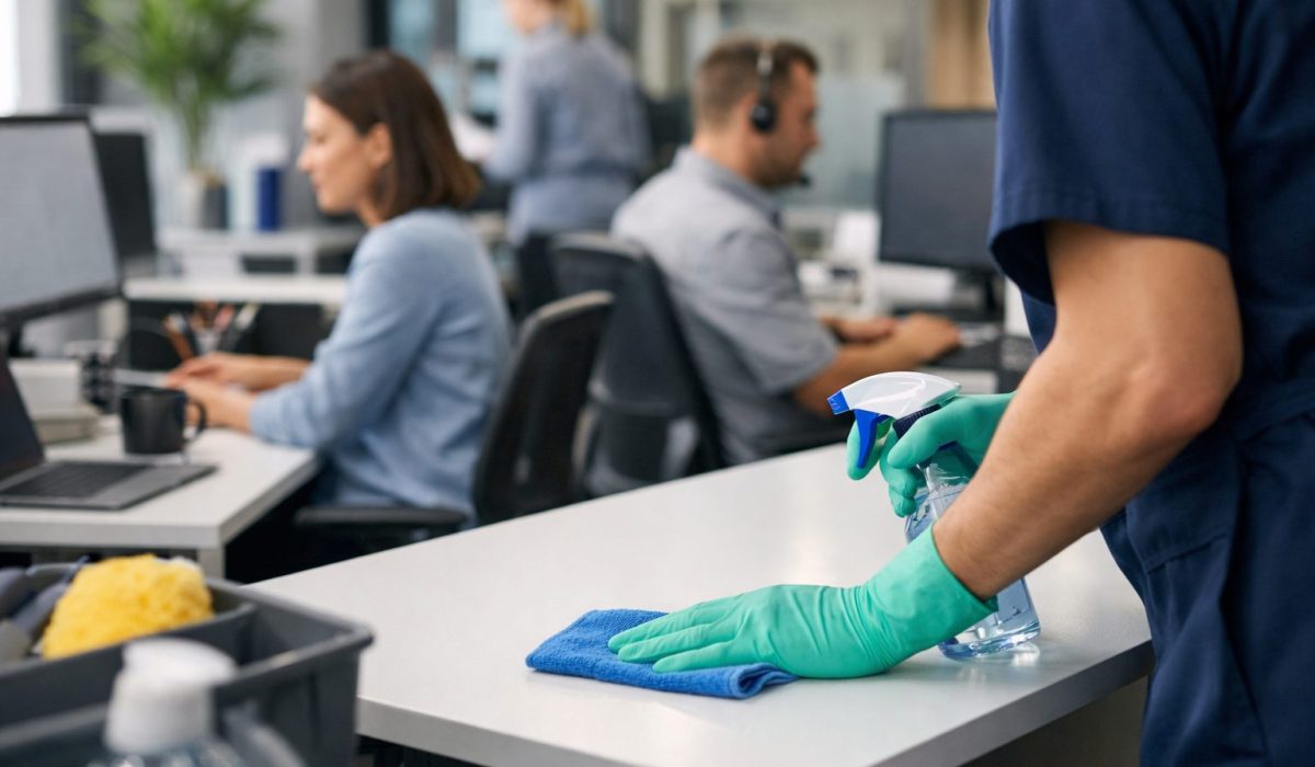 Agent d’entretien nettoyant discrètement un bureau en open space pendant les heures de travail