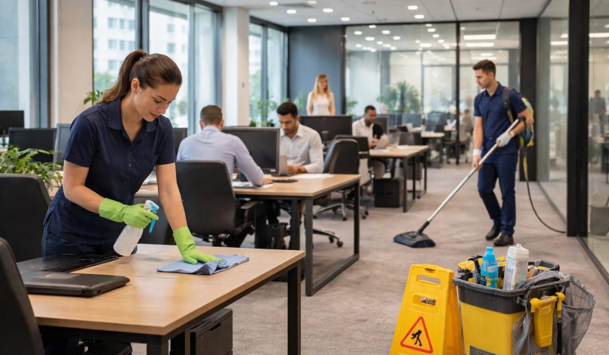 Agent d’entretien nettoyant un bureau dans un open space pendant que les équipes travaillent sans être dérangées