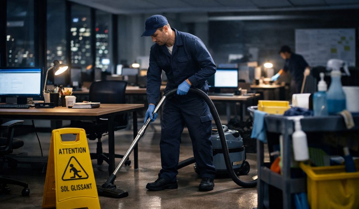 Agent de nettoyage nettoyant un bureau hors horaires dans un open space professionnel en soirée