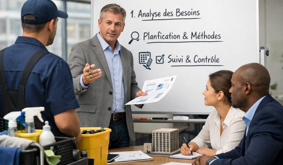 Réunion de lancement d’un contrat de nettoyage de bureaux entre un responsable d’entreprise, des collaborateurs et un agent de propreté