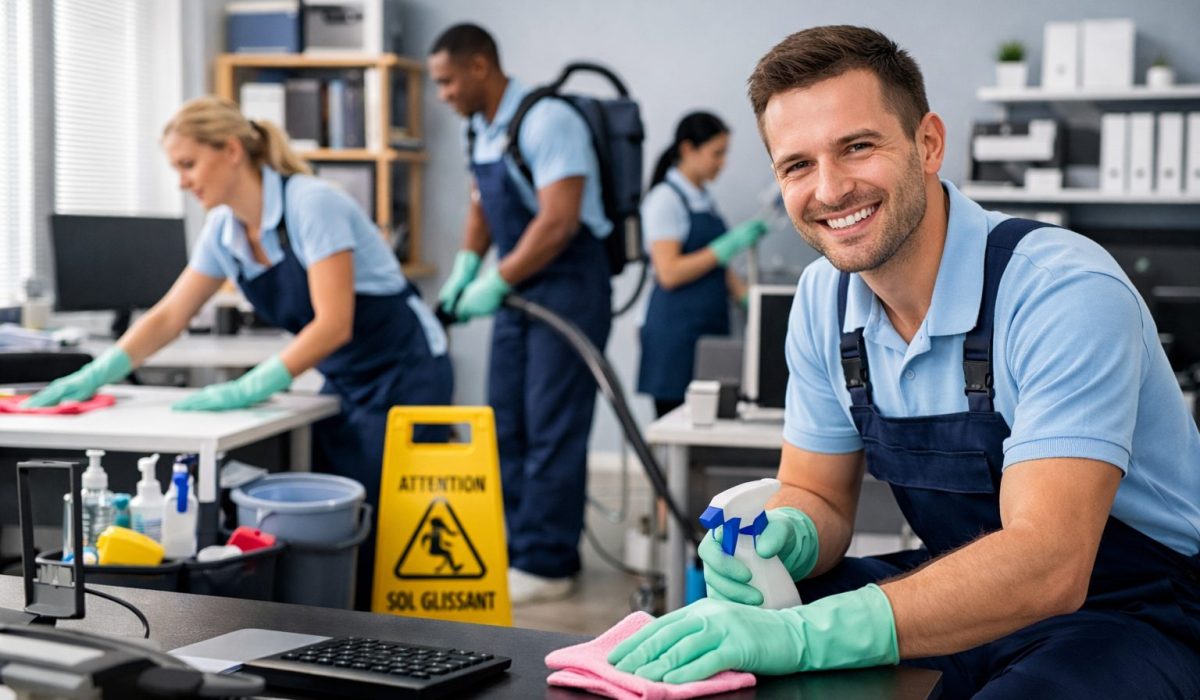Équipe de nettoyage dans des bureaux modernes appliquant des méthodes efficaces pour réduire les coûts sans perdre en qualité