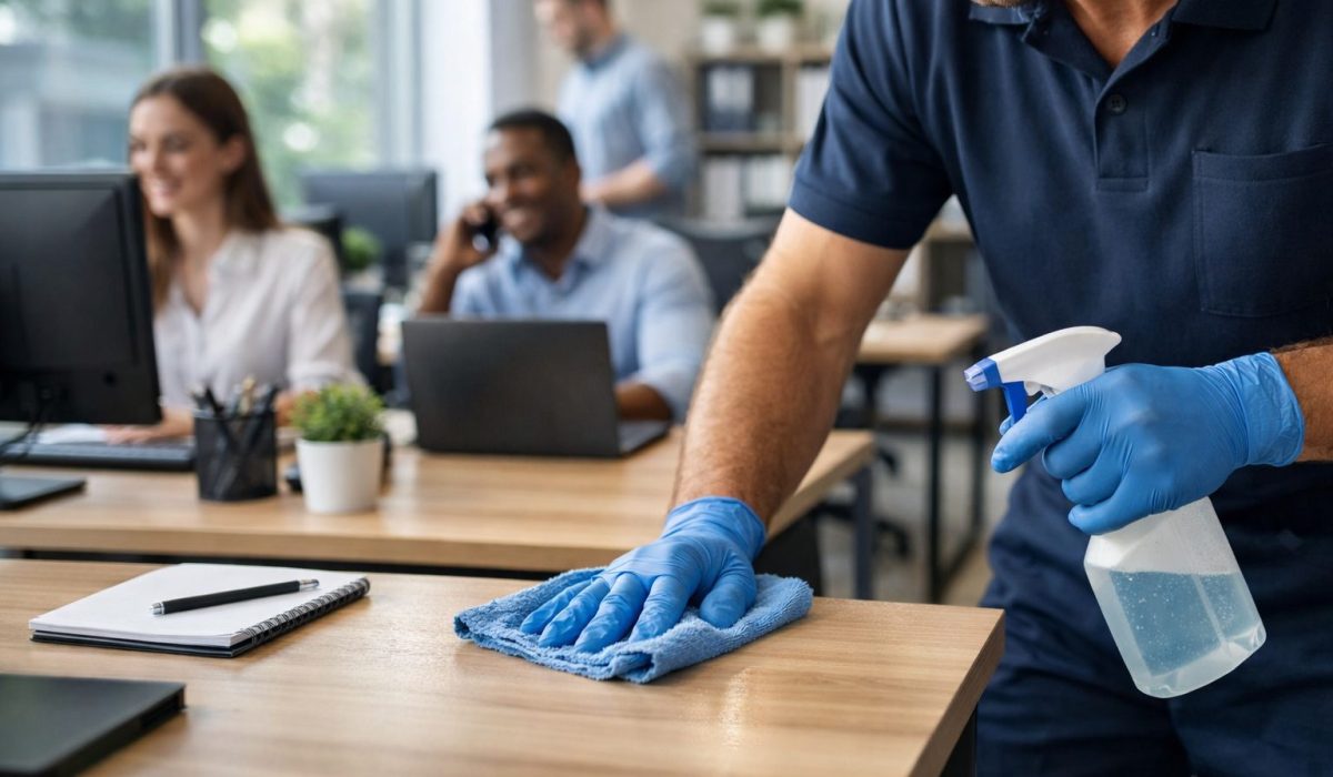 Agent d’entretien nettoyant un bureau dans un open space propre pour améliorer le bien-être des salariés