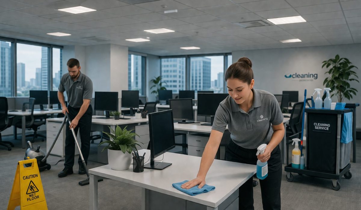 Agent d’entretien nettoyant un bureau moderne pour maintenir une propreté irréprochable toute la semaine
